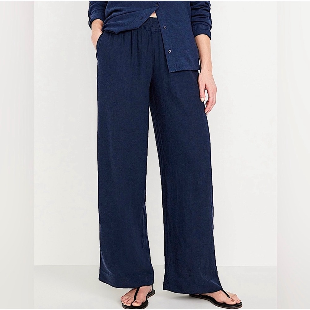 Old Navy Wide Leg Linen Blend Pants Women L Navy Blue High Rise Comfort Waist
